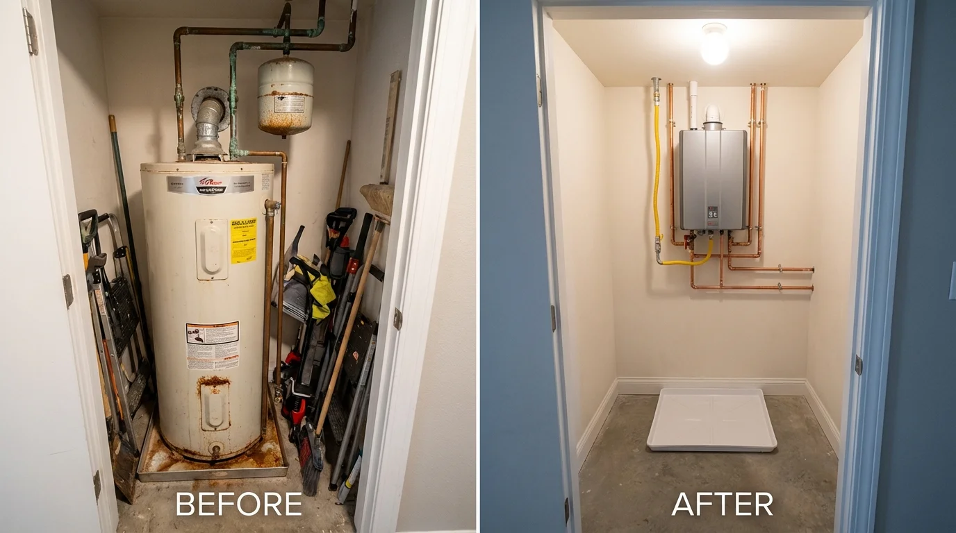 Tank water heater versus wall-mounted tankless unit comparison for Charleston, ME homeowners