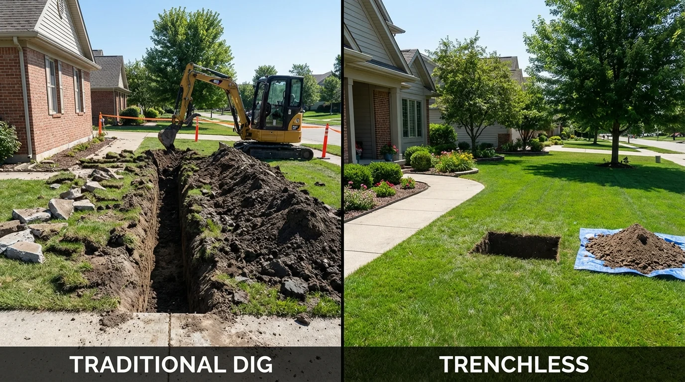 Trenchless sewer repair with minimal yard damage versus traditional excavation in Charleston, ME