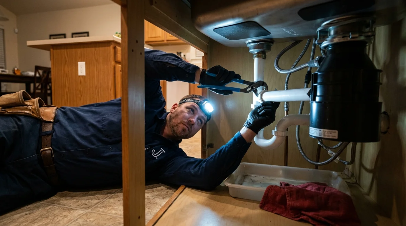 P-trap and supply line connections under a kitchen sink showing a common leak point in Charleston, ME